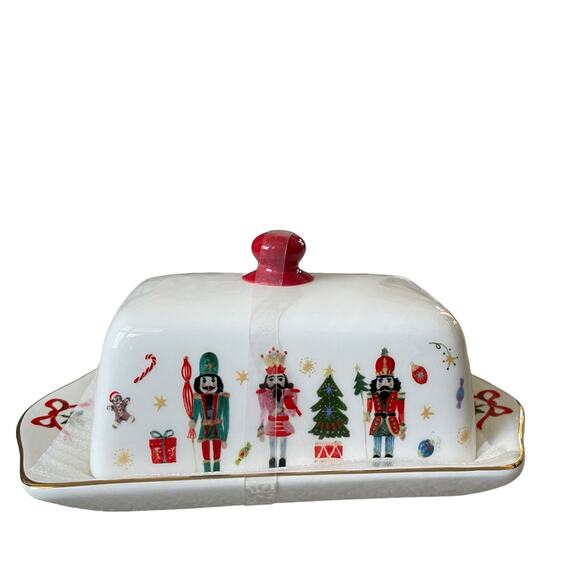 Christmas Nutcracker Covered Butter Dish Holiday Bow Collection Red White NEW - Picture 15 of 16